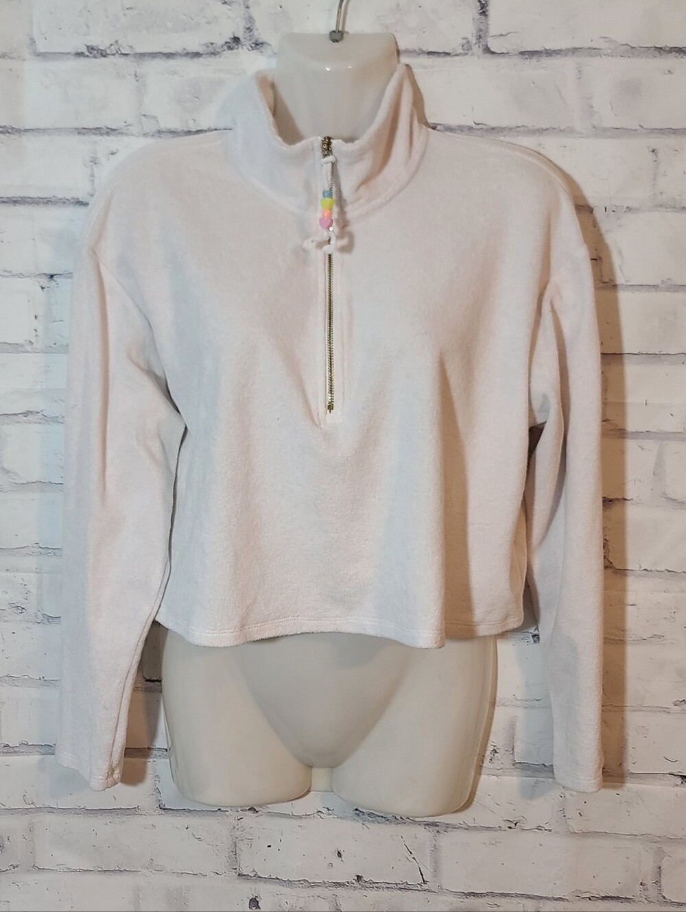 Stoney Clover Lane White Terry Cropped 1/4 Zip Mock Neck Sweatshirt, M